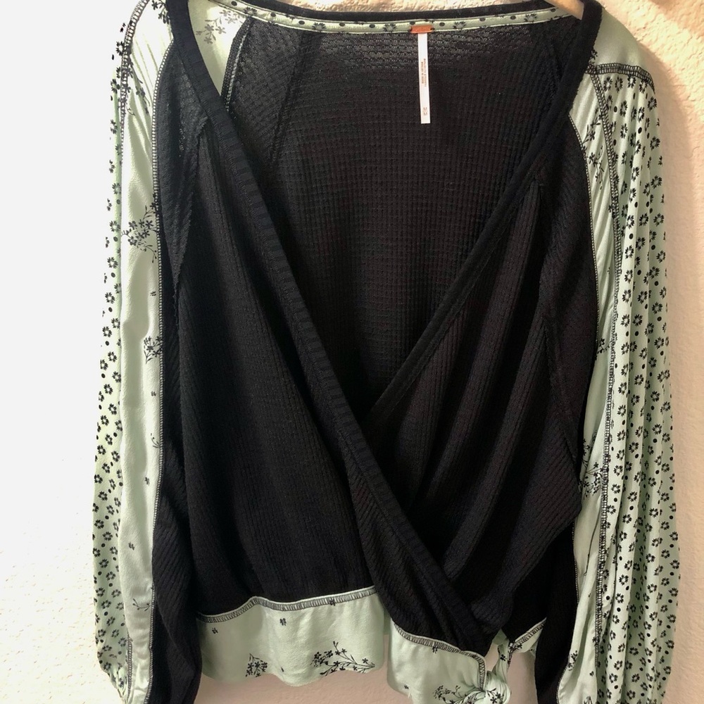 Free People wrap (black thermal and lite green printed long sleeve) shirt.